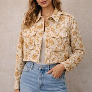 Significant Other Jenny Jean Tan Cream Floral Cropped Soft Rool Tab Jacket Sz S